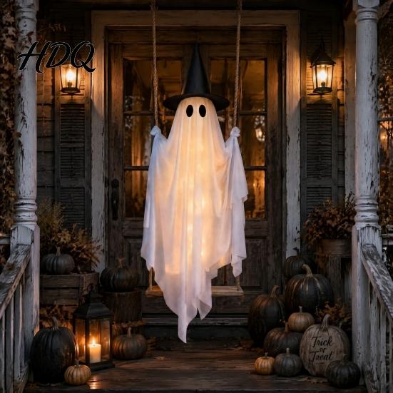Indoor Outdoor Halloween Party Supplies Hanging Swing Ghost Decoration with Witch Hat, Spooky Decor Decorations String Light And Remote Control