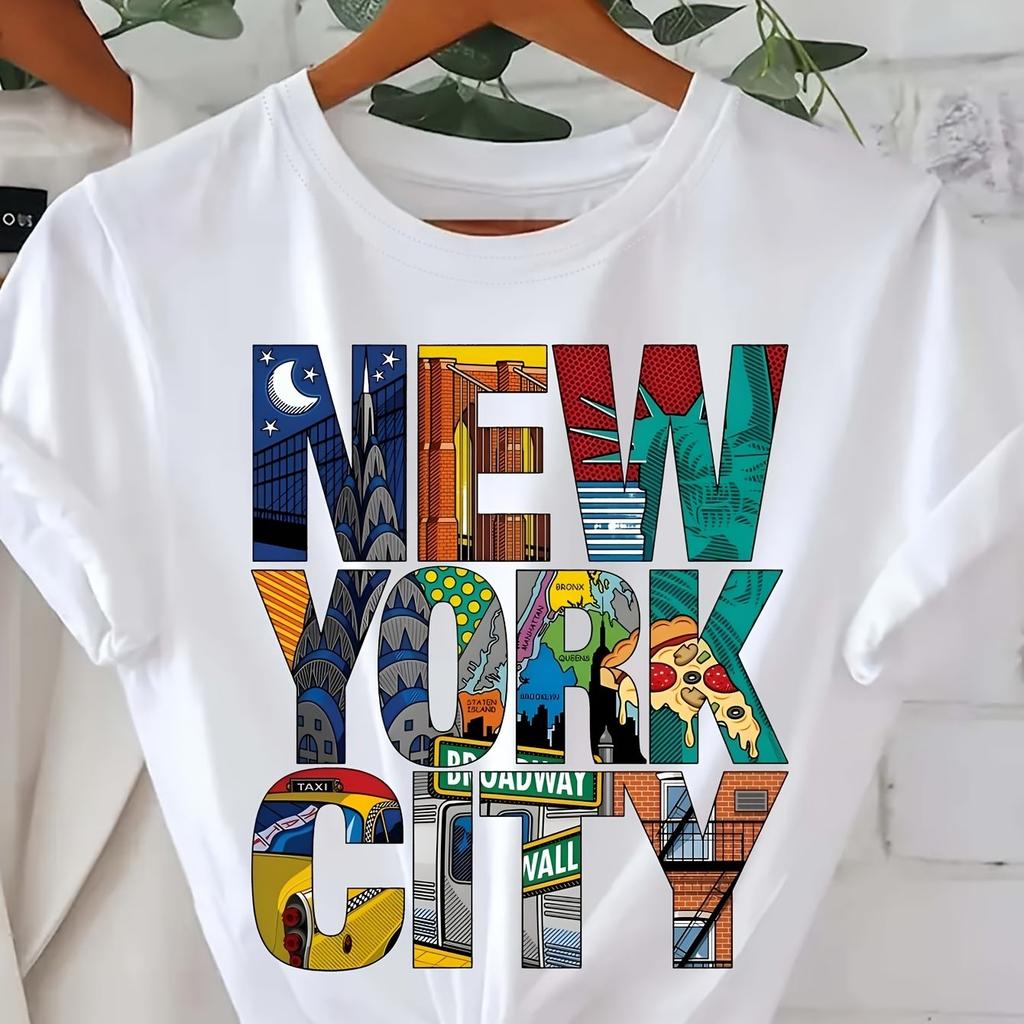 Women's Summer 100% Cotton Fashion Casual New York City Pattern Printed Loose Round Neck Short Sleeve T-shirt Top