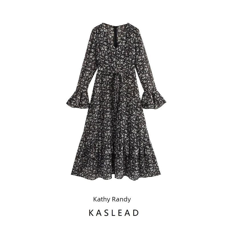 Kaslead New Arrival Women's Fashion Style Fashion Minimalist V Neck Chiffon Small Floral Tight Waist Dress