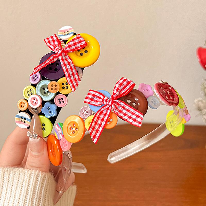 Dopamine Colored Button Headband Headwear Childishness Hairband Face Washing Bow Hair Hoop Sweet  Hair Clip Gifts