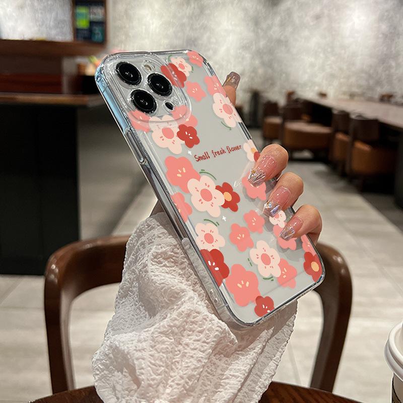 Summer mobile phone case iPhone15 red pink small floral transparent ultra-thin TPU soft case Apple 17p mobile phone case