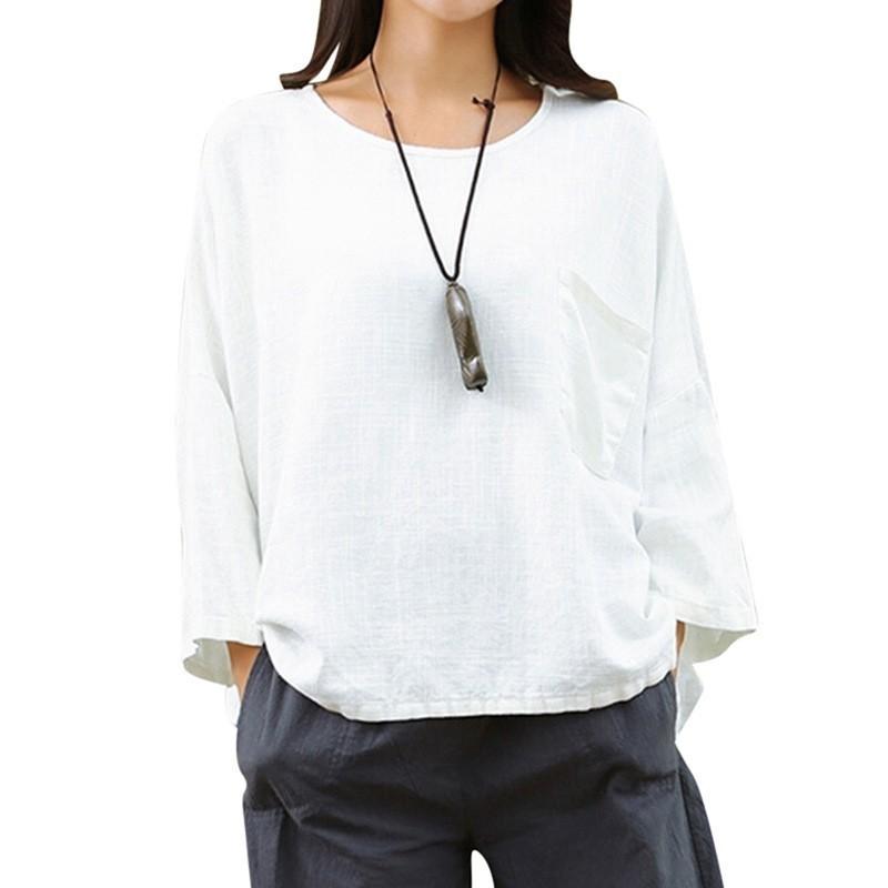 Vintage Women 34 Sleeve O Neck Cotton Linen Loose Casual Shirt Top Blouse