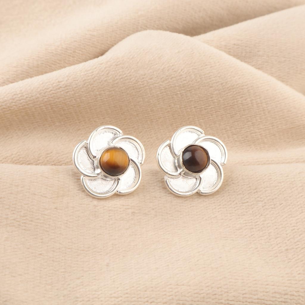 Round Yellow Tiger Eye Stone Sterling Silver Stud Sisters Gift Earrings Jewelry EE-157-30