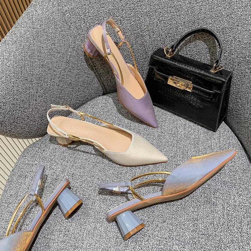 2021 summer new high-heeled bag head pointed fashion sandals women's thick-heeled women's one-word buckle medium-heeled single shoes