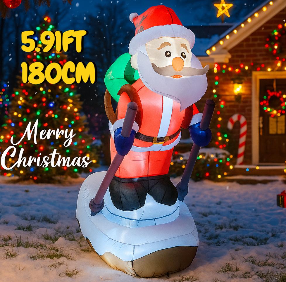 5.91FT Inflatable Skiing Santa Claus Toy Yard Lawn Party Decoration Festive Gift Christmas Supplies Home Ornament LED Light