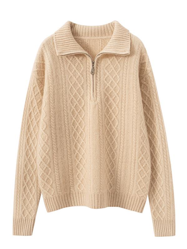 2025 Autumn/Winter Blue Slimming Cable Knit Cashmere Sweater with Lapel and Half-Zip
