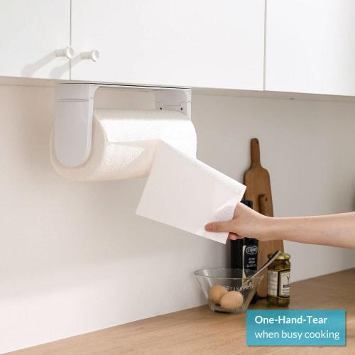 Simpletome Kitchen Paper Holder, Aluminum Alloy, Toilet Paper Holder with One-Handed Pull, Refrigerator Hook, Wall Mounted, Adjustable Hook (White)