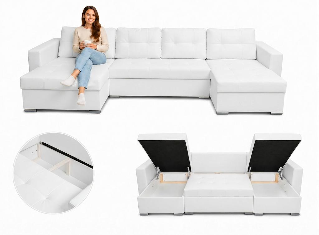 Großes U-Ecksofa Varius BIG mit Schlaffunktion, Kunstleder, 3 Bettkästen, moderne Chromfüße, Family Meble