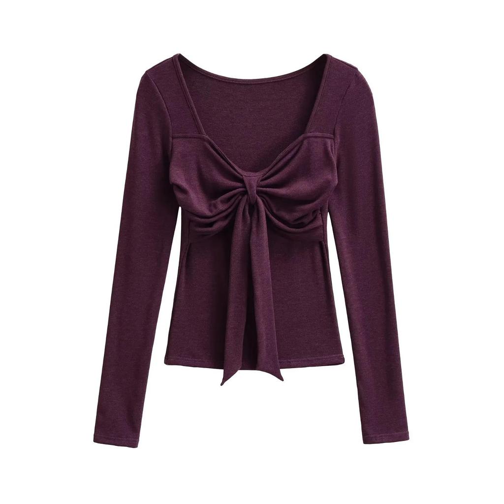 Sweet & Spicy Square Neck Bow Long Sleeve Women's Slim Fit Top