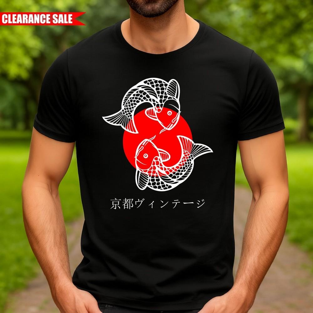 

Japanese Koi Fish And Sun Printed T Shirt Cool Art Design 100% Cotton Mens T Top L