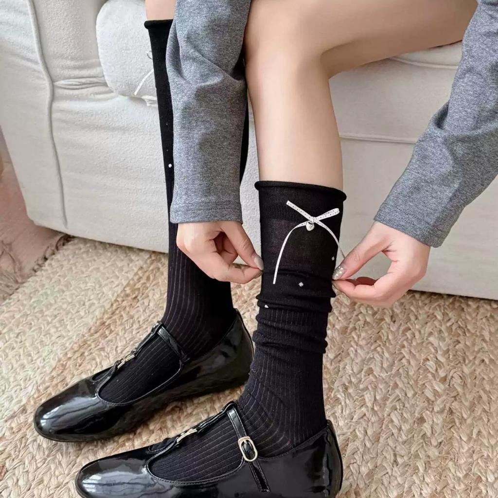 Spring and Summer Thin Calf Socks Women's Hollow Mesh Polka Dot Bow Miu Series Versatile Stacking Socks Children