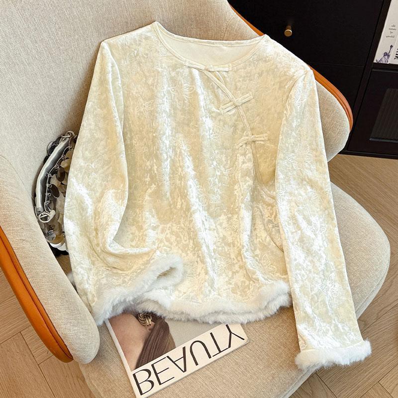 Women's Chinese Style Velvet Base Layer Shirt with Diagonal Lapel and Frog Button Details - Long Sleeve Trendy Top
