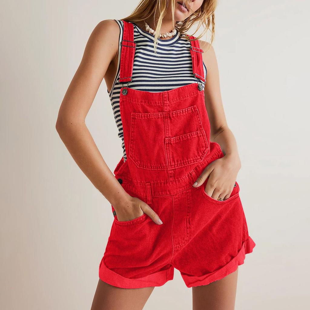 Damenmode Solide V-Ausschnitt Knopftasche Waschwasser Denim Verstellbarer kurzer Träger Jumpsuit