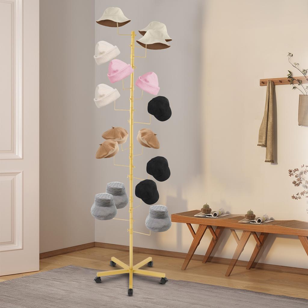 Gold 16-Hook Free Standing Hat Rack, 30lbs Capacity Display Stand for Closet, Modern Entryway & Boutique, Space-Saving Organizer