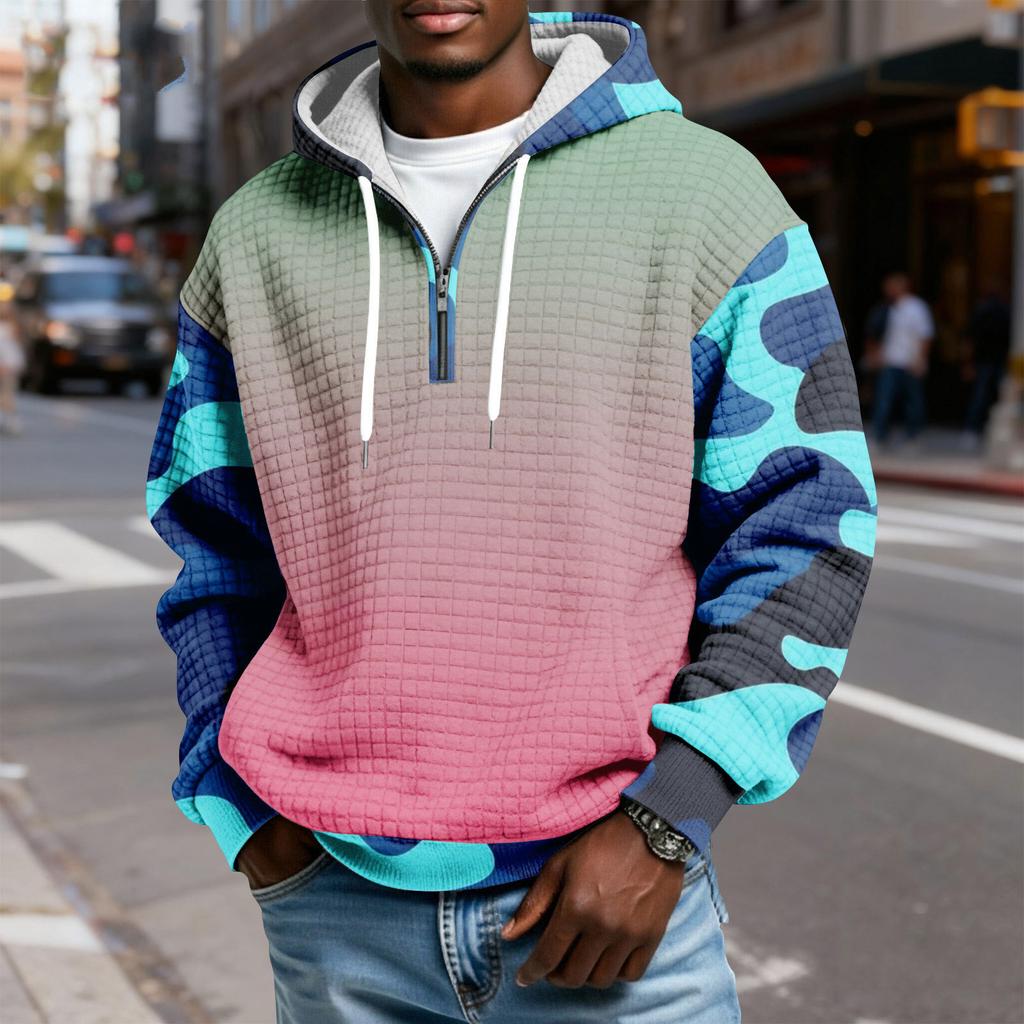 Herren Half-Zip Kapuzen-Plaid-Pullover Kordelzug Print Lässiges Sport-Sweatshirt