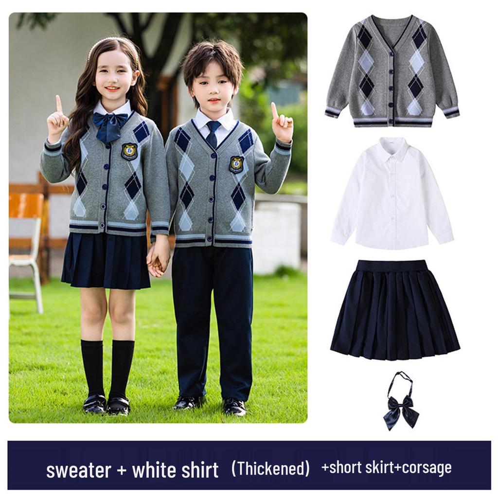 Britský styl Pletený třídílný set školní uniformy pro mateřské a základní školy - Jaro, Podzim a Zima