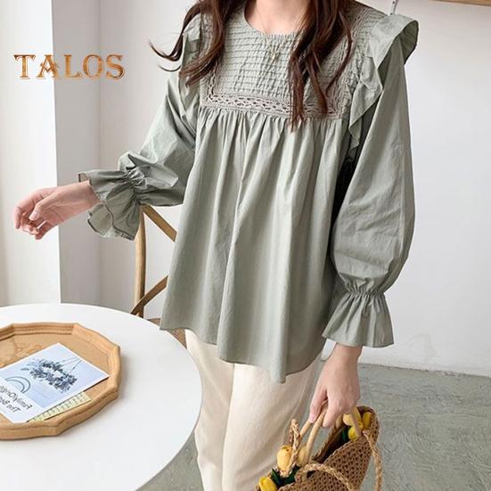 Women Shirt Round Neck Lantern Long Sleeve Pullover Tops Solid Color Loose Fit Ruffle Trim Pleated Blouse Daily Wear
