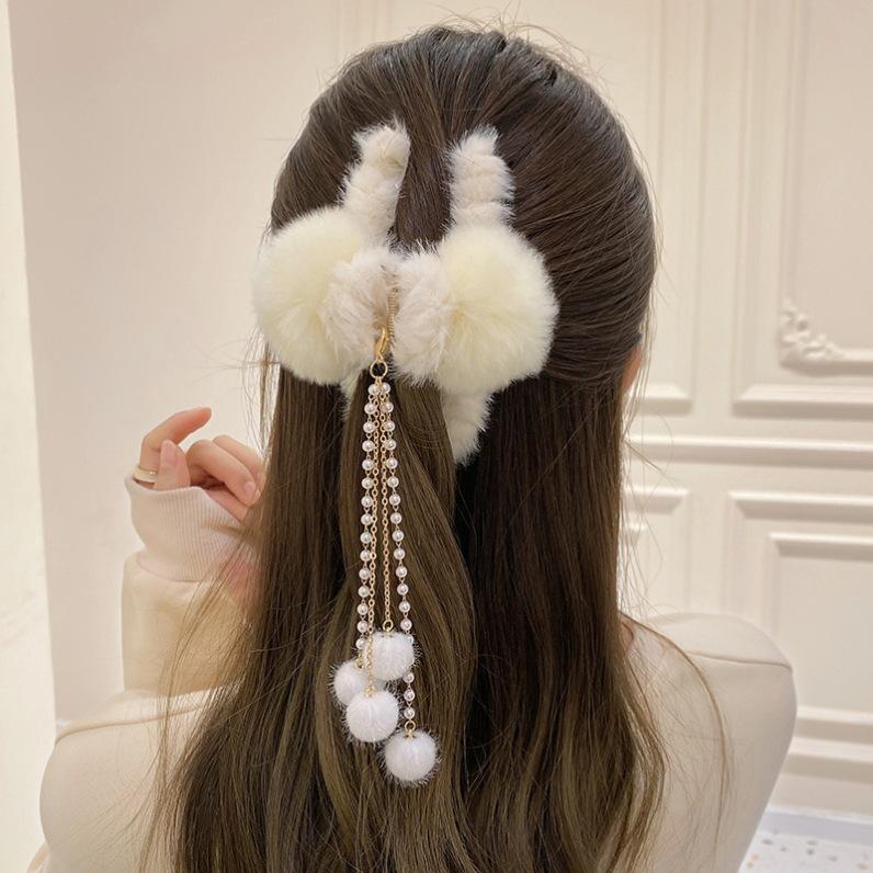 Plush Bow Tassel Grab Clip Furry Hairpin Female Back Head Hair Clip Shark Clip Autumn and Winter Hairpin Headdress