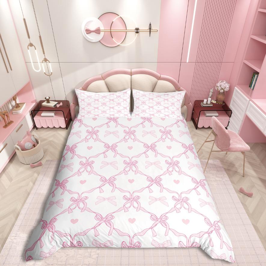 Homewish Cute Bowknot Duvet Cover SetLove Heart Print For Teens Bedding SetDreamy Princess Decor