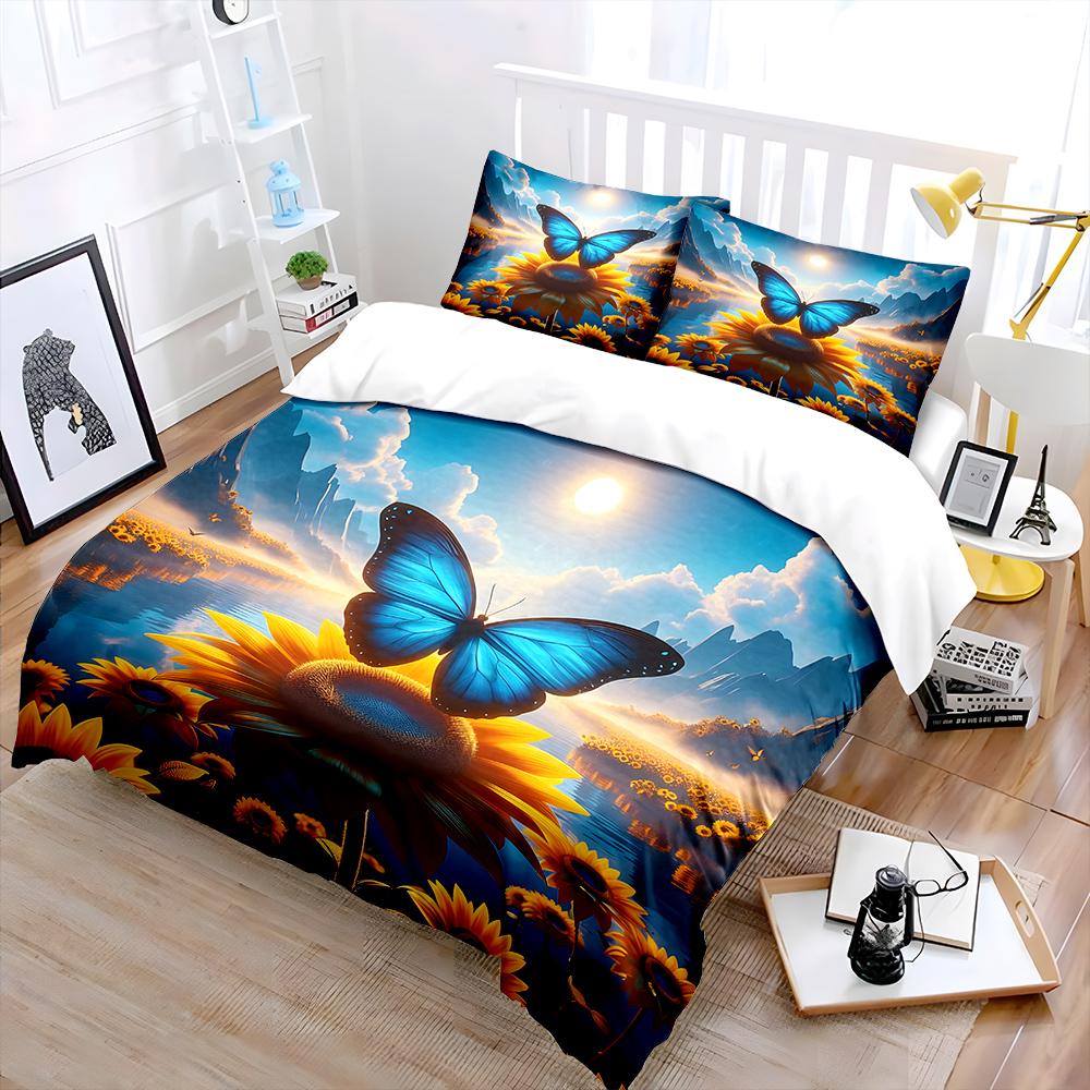 Blue Butterfly Resting On Sunflower Print Soft Comfortable Duvet Cover Bedding Set Included 1*Duvet Cover 2*Pillowcases