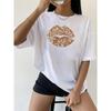 European sizes Women'S Glittering Lips Print T-Shirt, Casual Crew Neck Short Sleeve Top,  Polyester Knit Fabric, All-Season Fashion, 180g/m² - Beige