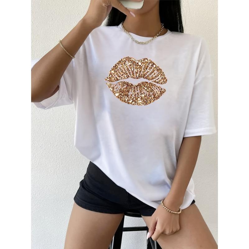 European sizes Women'S Glittering Lips Print T-Shirt, Casual Crew Neck Short Sleeve Top,  Polyester Knit Fabric, All-Season Fashion, 180g/m² - Beige