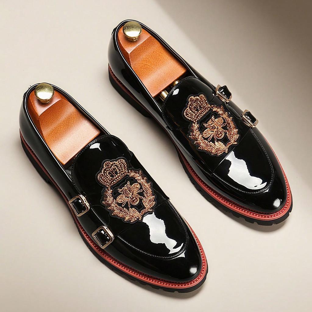 Retro Designer Social Business Dress Leather Shoes Men's Slip On Loafers Fashion Double Buckle Bee Crown Embroidery Office Shoes