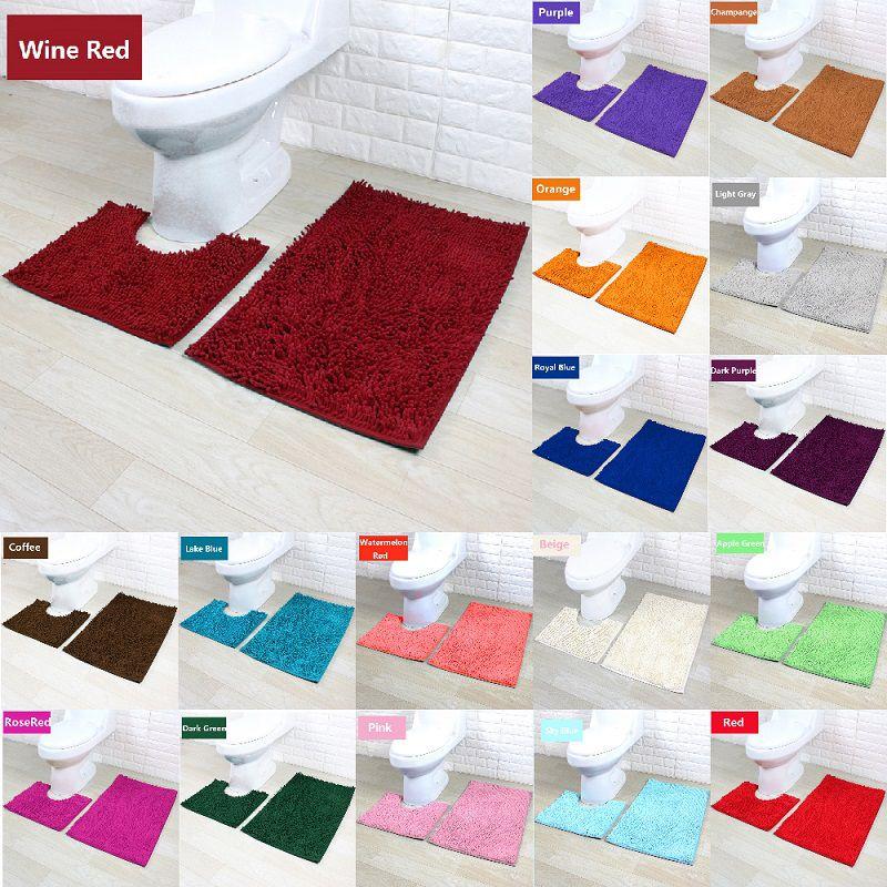 2 Piece Bath Mat Set Non Slip Toilet Pedestal Soft Foam Shaggy Rug Chenille