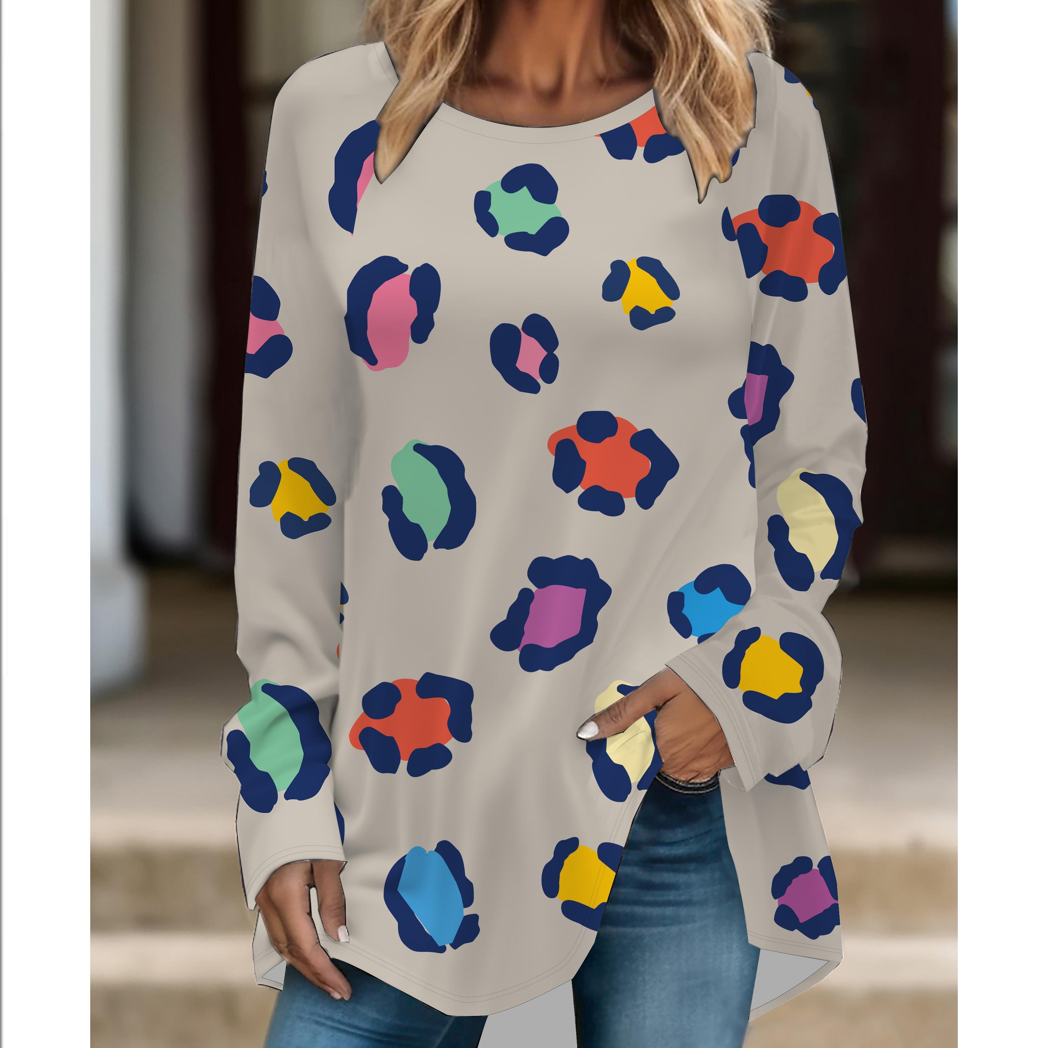 

Женская модная футболка большого размера с леопардовым принтом, удобная, с длинным рукавом и круглым вырезом, повседневная, свободного кроя, средней длины 6XL серый