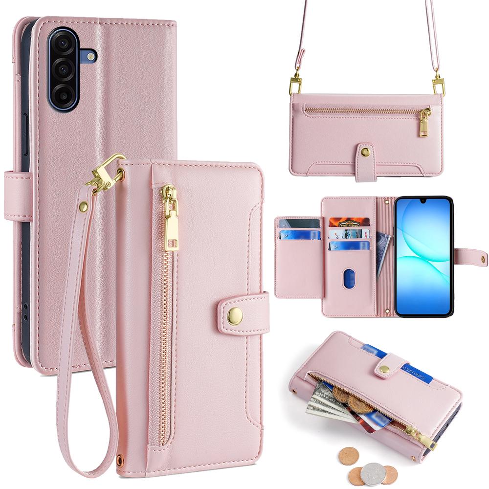 For Samsung Galaxy A17 5G Leather Case Zipper Pocket Wallet Phone Cover with 2 Straps