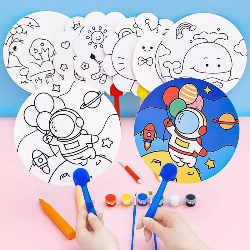 Cartoon DIY Doodle Fan for Children, Cute Hand-Painted Blank Small Fan, Kindergarten Coloring and Painting Plastic Round Fan