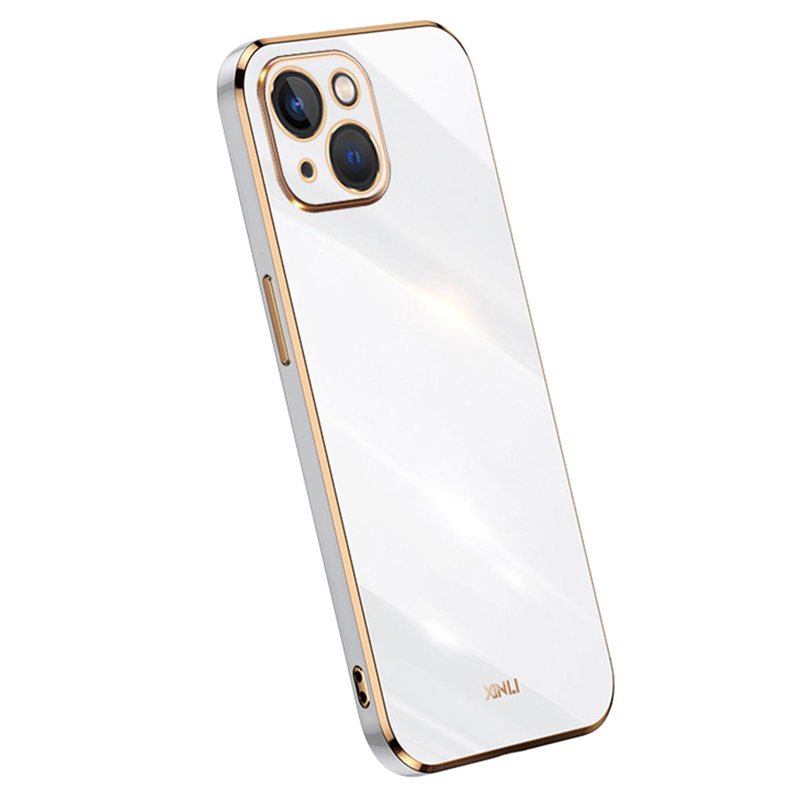 

XINLI For iPhone 14 Plus Electroplating Golden Edge Phone Cover Flexible TPU Anti-scratch Case White