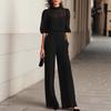Summer Bamboo Leaf Print Chiffon Blouse And Wideleg Pants Set For Women