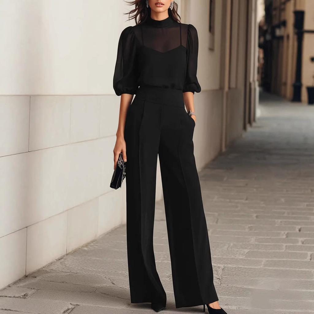 Summer Bamboo Leaf Print Chiffon Blouse And Wideleg Pants Set For Women