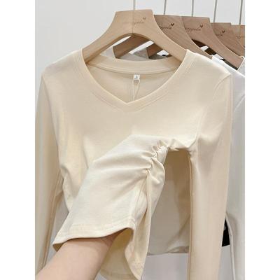 T-shirt à manches longues ajusté et décolleté en V pour femme, nouveau style Printemps/Automne avec taille froncée, Haut Chic 'Hot Girl', Couche de base polyvalente.