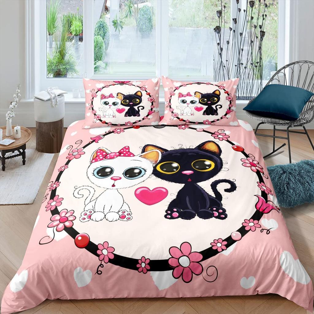 Pink Cartoon Animal King Queen Duvet Cover Kawaii Panda Pattern Bedding Set For Kids Girls Wildlife 2/3pcs Polyester Quilt Cover