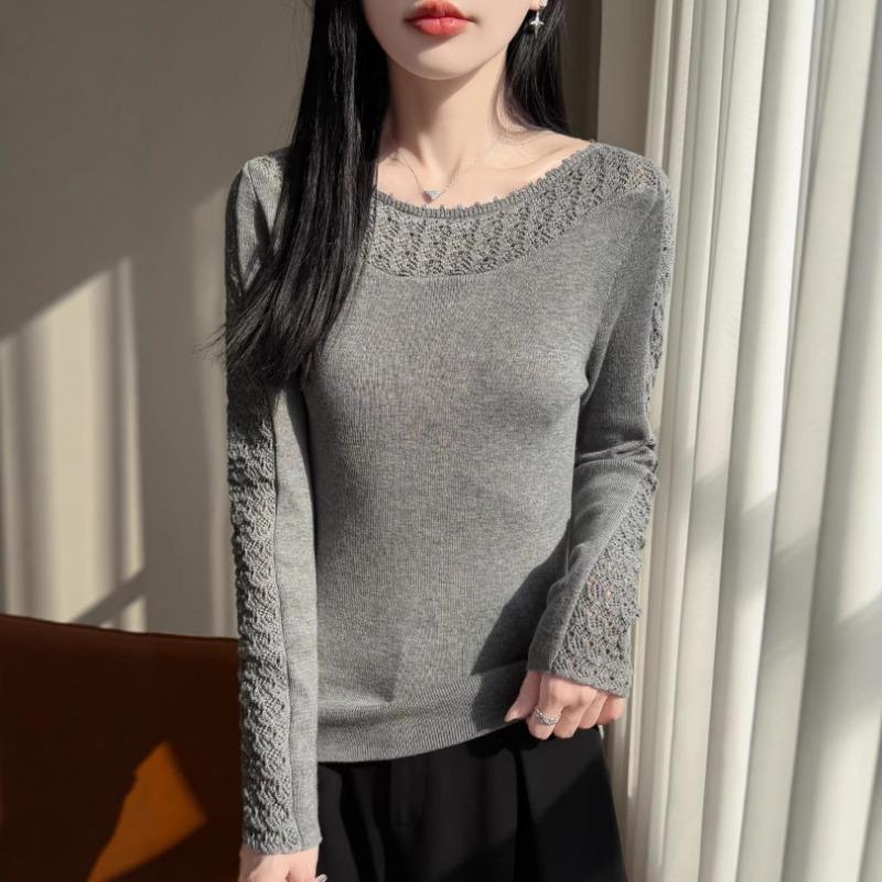 Women S Long Sleeve Knit Sweater One Neck Crochet Hollow Basic Top