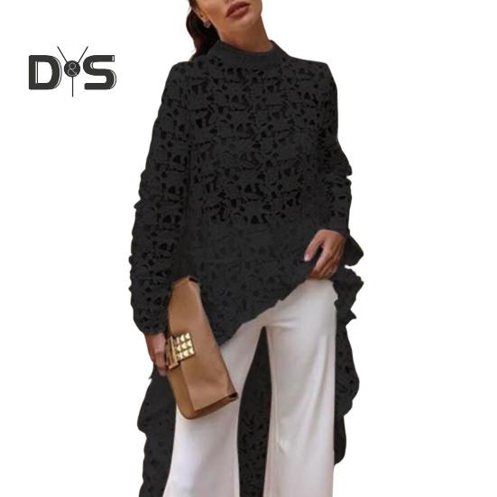 

Женское длинное платье с вырезом сверху, нерегулярным вязанием крючком, кружевом, цветочным узором, прозрачной короткой передней частью и длинной задней частью, с полувысоким воротником и длинными рукавами XL чёрный