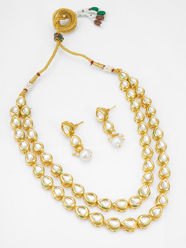 Gold-Plated White Stone-Studded & Beaded Handcrafted Jewellery Set