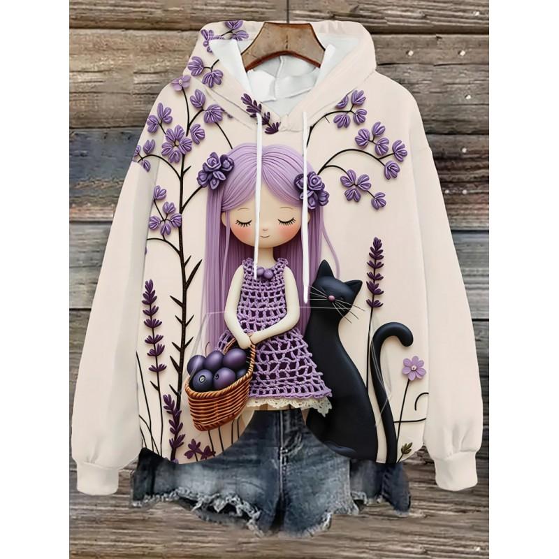 Womens Oversized Hooded Sweatshirt With Cartoon Animal Print Casual Streetwear Top Fall 2025