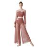 Damen Lyrical Dance Outfits Laternenärmel Rückenfreies Crop Top Eingearbeiteter Slip Netzhose Fließende Tanzbekleidung