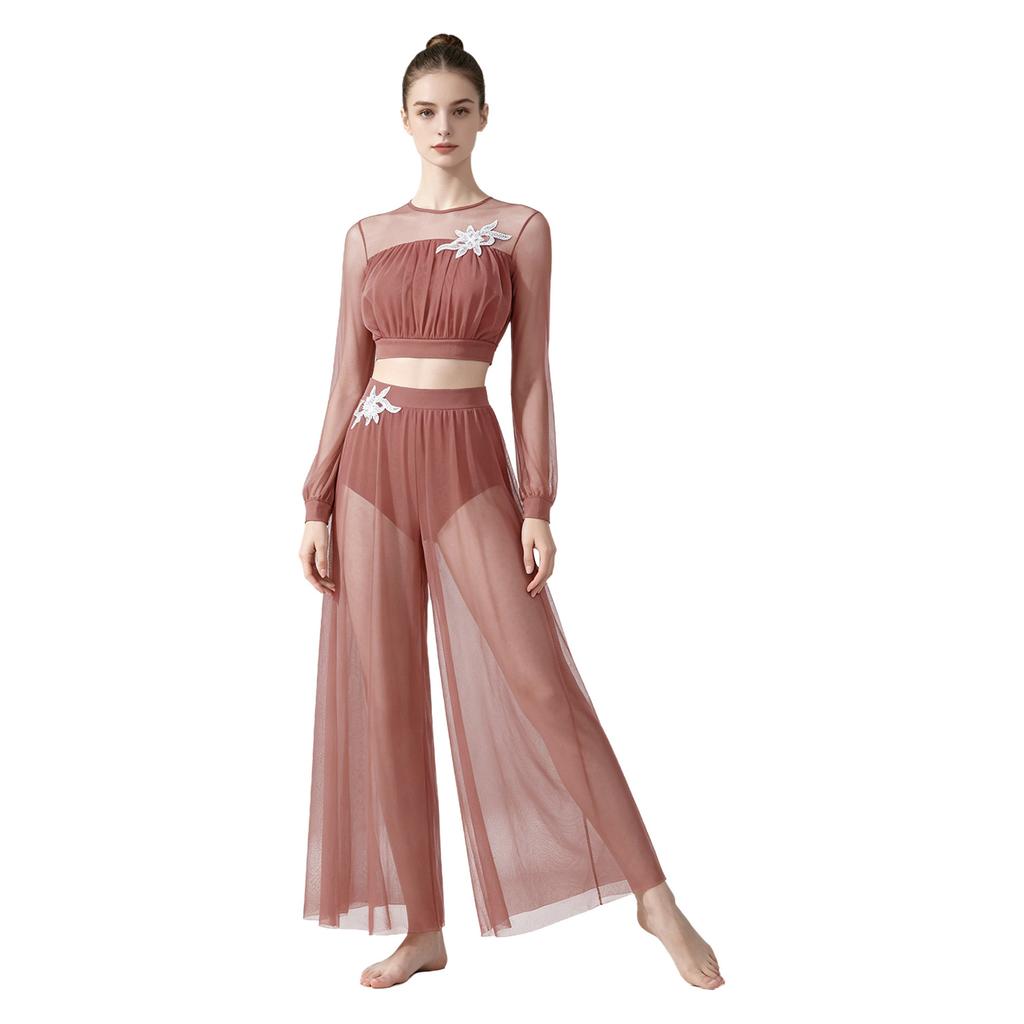 Damen Lyrical Dance Outfits Laternenärmel Rückenfreies Crop Top Eingearbeiteter Slip Netzhose Fließende Tanzbekleidung