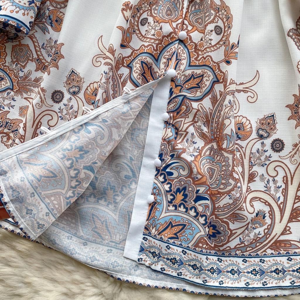 Spring Autumn Dresses Women V-neck Lantern Long Sleeves Floral Single Breasted High Waist Vintage Gorgeous Party Mini Dress Robe