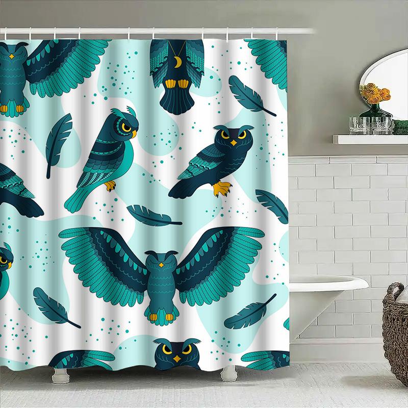

Whimsical Owl Bath CurtainVivid Blue Feather Print Shower Curtain with Moon Motif Perfect for Bathroom Decor 90x180cm