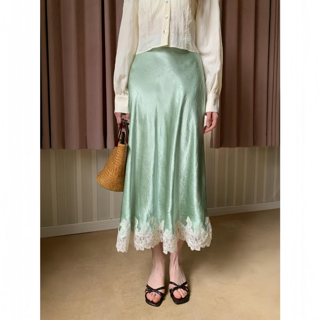 Interpret Beauty Elegant French Satin Midi Skirt for Women - Spring 2025 Collection C3582