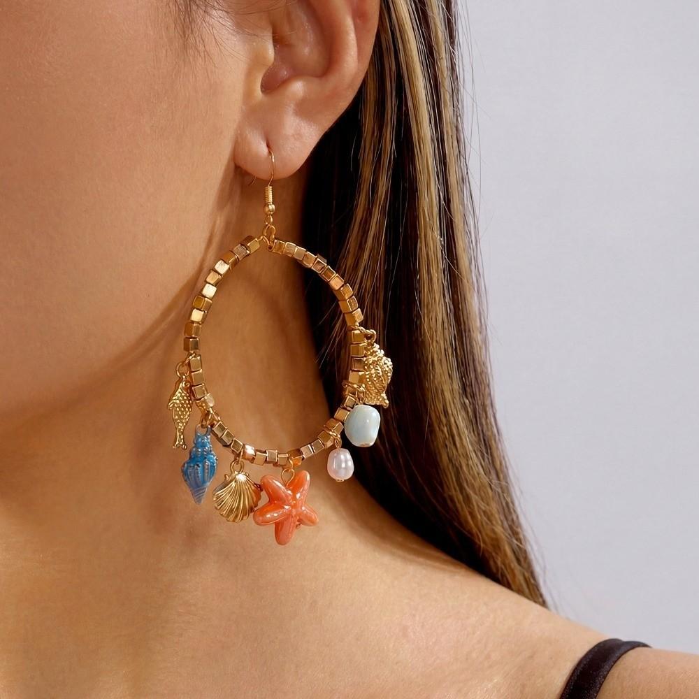 Ocean Theme Drop Dangle Earring Round Shell Charm Earrings New Hoop Pendant Earrings Jewelry