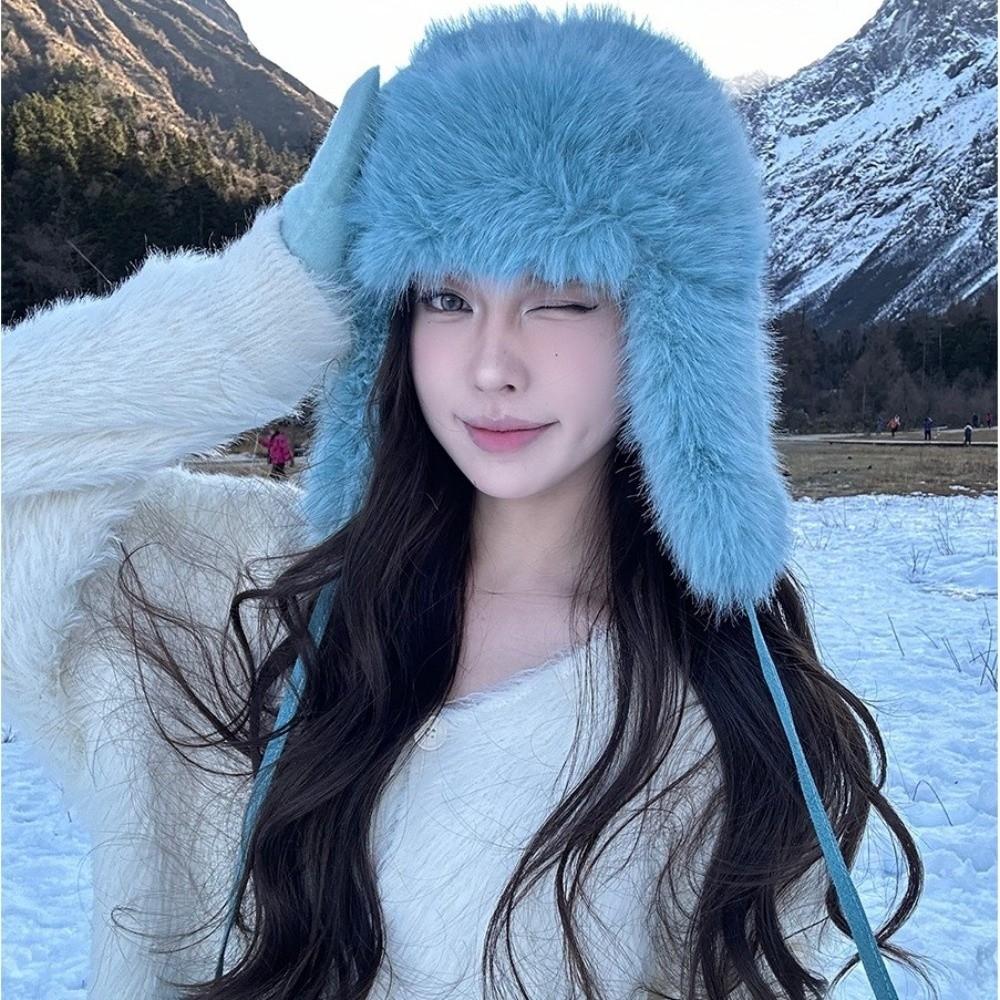 Warm Fluffy Bomber Hat Imitation Mink Fur Cold Weather Hat Fashion Winter Cycling Hat  for Women