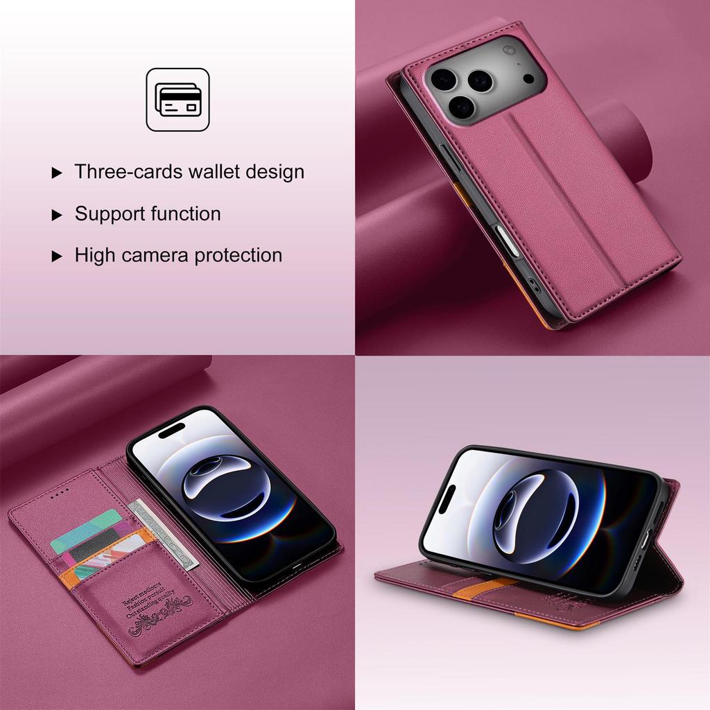 iPhone 17 Pro Max Anti-Theft Magnetic Flip Wallet Case with Card Slot and Stand