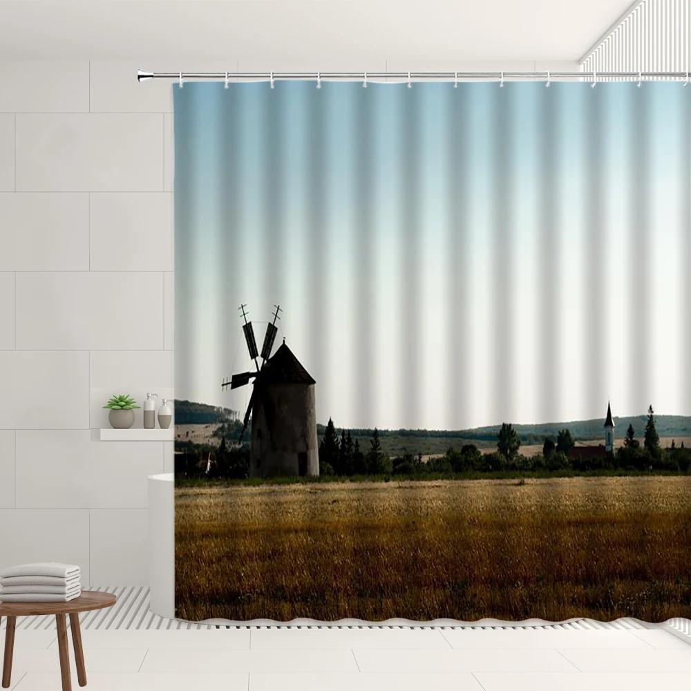 Farm Scenery Shower Curtain Vintage Farmhouse Straw Stack Waterproof Polyester Fabric Bathroom Screen Decoration With Hooks