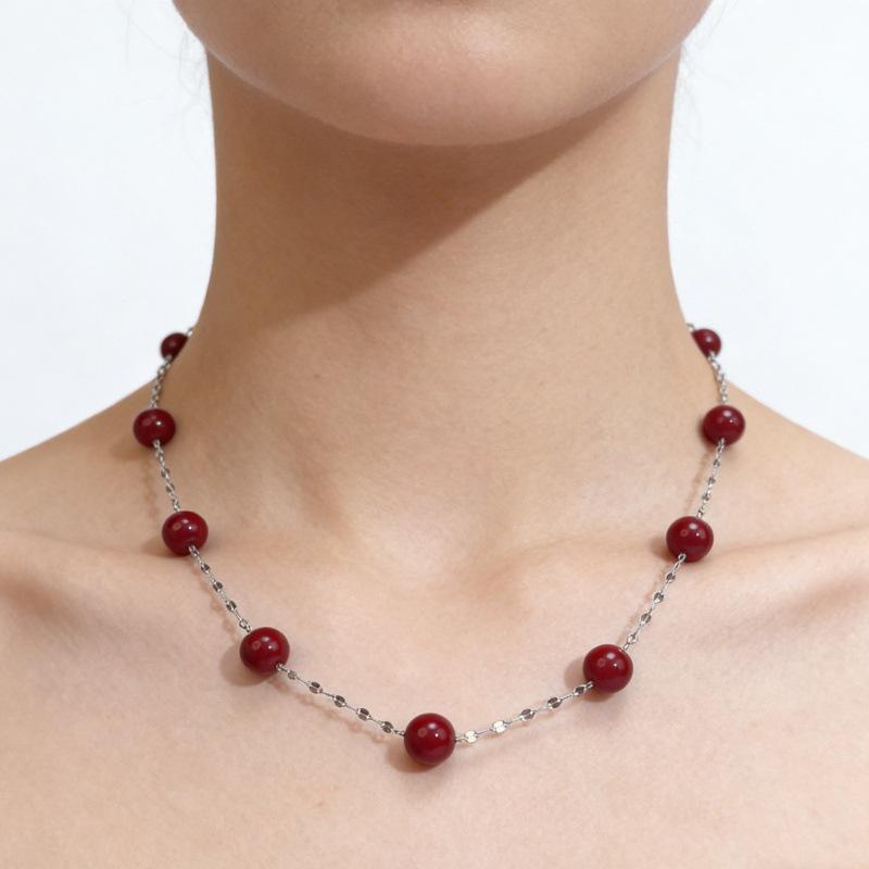 S925 Sterling Silver Angora Red Pearl Clavicle Necklace 925 Silver